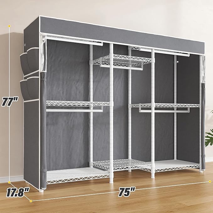Raybee Clothes Rack with Cover,Clothing Racks for Hanging Clothes Heavy Duty,Portable Closet with Shelves,Adjustable,Loads 905 LBS,White,75" W*17.8" D*77" H