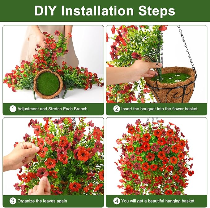 Homsunny Artificial Fake Hanging Plants Flowers Baskets for Outdoor Outside Spring Decor,Faux Silk Daisy UV Resistant Look Real Summer Decorations for Home Porch Patio Yard Garden(Red Brown)
