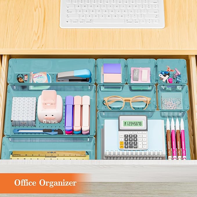 25 PCS Plastic Drawer Organizer Set, 4-Size Versatile Organizer Trays & storage Bins for Makeup, Jewelry, and Gadgets in Bathroom, Bedroom and Office, Sea Blue
