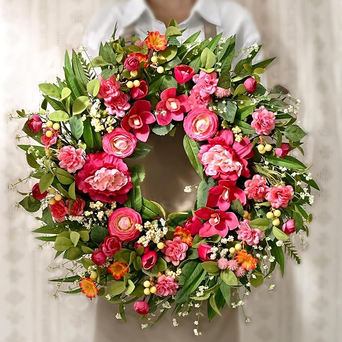 Waipfaru Spring Wreaths for Front Door, 26" Large Spring Summer Easter Wreaths for Front Door with Rose Peony Tulip Magnolia, All Seasons for Indoor Outdoor Farmhouse Home Porch Wall Window Decor
