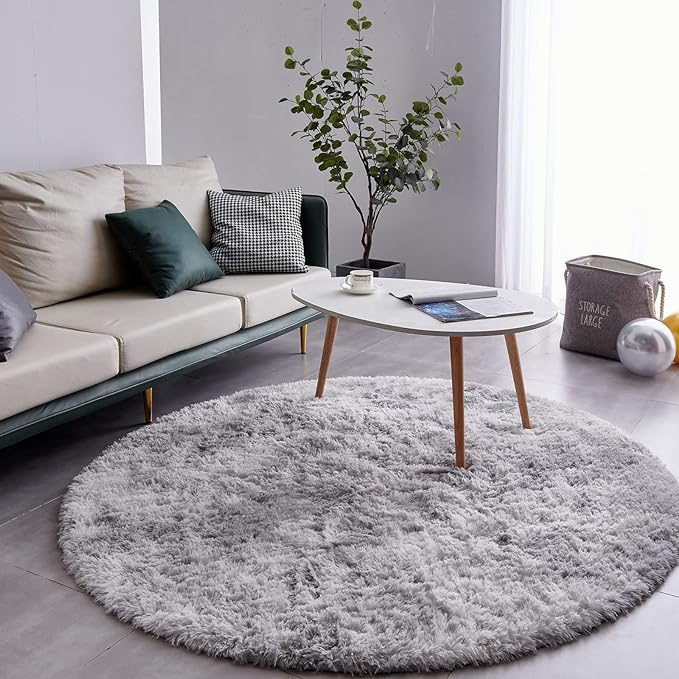 FJZFING Tie-Dyed Light Grey Round Rug Ultra-Soft Plush Modern 4x4 Circle Area Rug for Kid's Bedroom, Fluffy Shag Circular Rug for Nursery Room, Non-Slip Tie-Dyed Light Grey Rug for Teen's Room