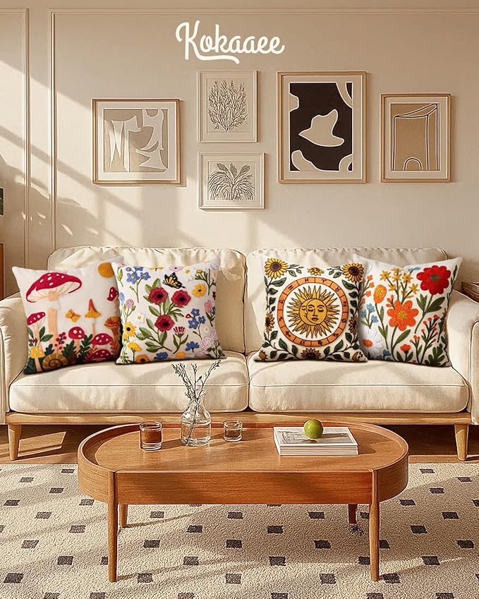 Embroidered Throw Pillow Cover 18x18 Inch - Spring Summer Boho Decorative Pillow Cover with Zipper for Living Room Couch Sofa Bed Aesthetic Design Sunflower Moon Cushion Pillowcase