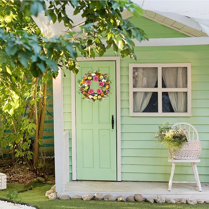 Artificial Spring Summer Wreaths for Front Door 22'' Peony Wreath Colorful Floral Wreath with Peony,Daisy,Poppy Flower Lavender for Indoor Outdoor Farmhouse Home Wall Window Festival Decoration