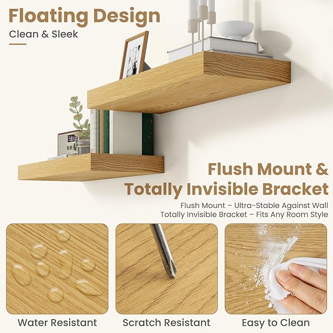 FLYJOE 36 Inch Long Floating Shelves for Wall Set of 1, 12" D Wood Grain Bathroom Shelves with Invisible Brackets, Easy Install Engineered Wood Storage Shelves for Kitchen, Living Room, Bedroom