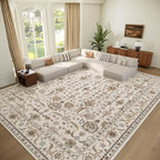 Washable 10x14 Area Rugs for Living Room, Boho Non-Slip Vintage Distress Large Rugs for Bedroom Dining Room Office, 0.3" Neutral Oriental Throw Thin Carpet, Beige/Rust/Green/Multi