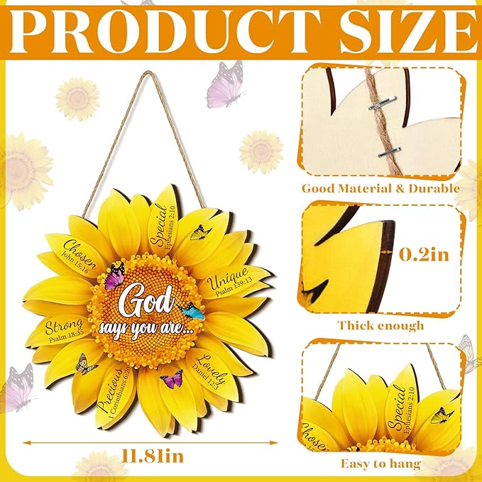 Panelee Christain Sunflower Wooden Hanging Decor for Kitchen Door 11.8 Inch Bible Verse Sunflower Shape Welcome Sign for Wall Front Door Room Home Decor Christian Gift for Family Friends