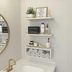WOPITUES Floating Shelves for Wall with Cube Shelf, Wall Shelves with Metal Rail for Decor, Bathroom Organizers and Storage, Over Toilet Shelves for Bathroom, Toilet Paper-White&Gold