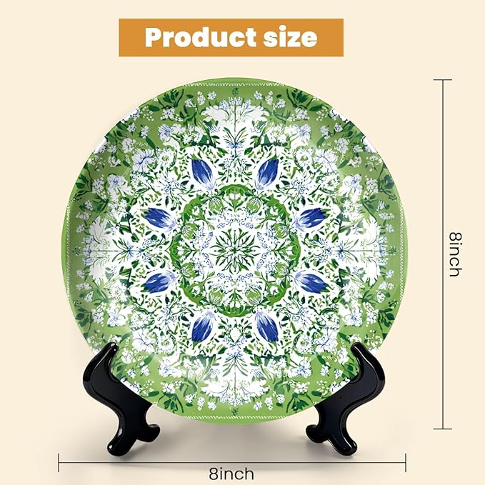 HABEN ARTWORK 8" Ceramic Plates for Display Green Floral Mandala White Blue Flowers Botanical Style Decorative Plate with Stand and Hook for Kitchen Dining Room Wall Hanging Decor