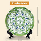 HABEN ARTWORK 8" Ceramic Plates for Display Green Floral Mandala White Blue Flowers Botanical Style Decorative Plate with Stand and Hook for Kitchen Dining Room Wall Hanging Decor