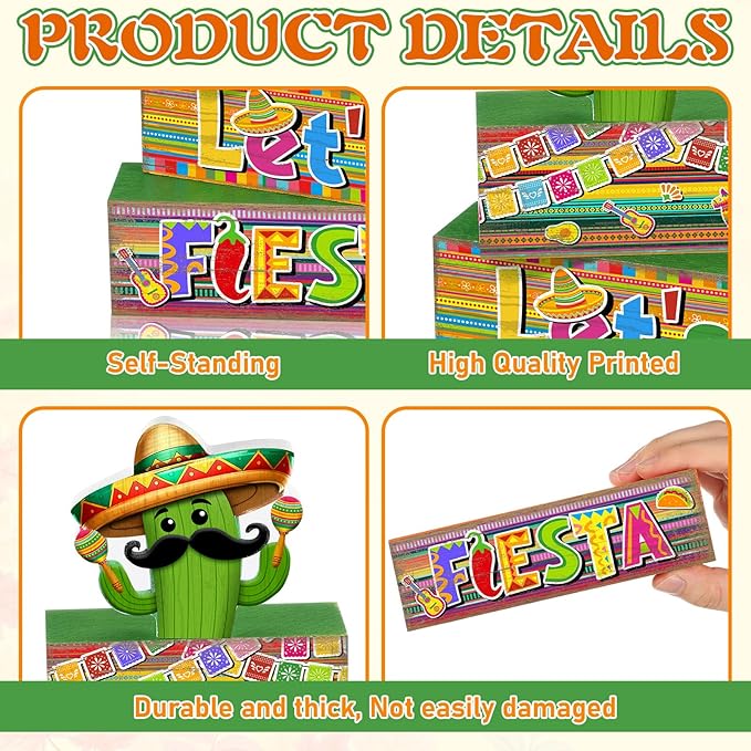 Yuntau 4 Pcs Mexican Fiesta Party Decorations Wooden Cinco De Mayo Tabletop Decor Lets Fiesta Tiered Tray Decor Rustic Wood Block Sign Gift Farmhouse Mexican Centerpieces Portable Shelf Home Office