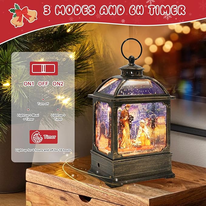 Christmas Snow Globe Lantern with Nativity Music Songs & 6H Timer Water Snow Globe Lantern USB & Battery Operated for Christmas Festival Decorations Gifts (Nativity)