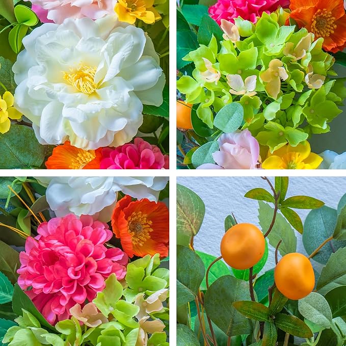 Pinkpuii 24 Inch Spring Wreaths for Front Door- Outdoor Spring Summer Flower Wreath with Vibrant Peony Hydrangea Flower, Green Eucalyptus Leaves and Orange Berry- Ideal for Porch,Mantel,Home Wall