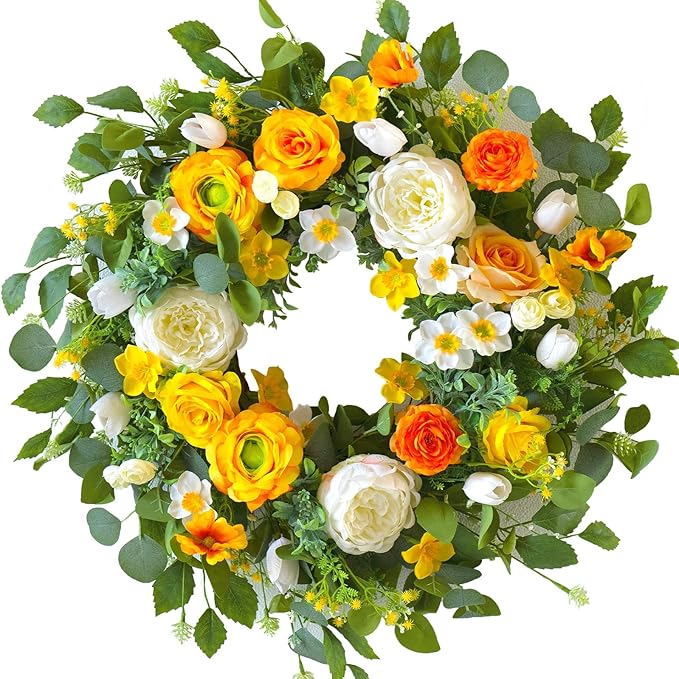 Spring Wreaths for Front Door Outside 24 Inch Yellow & White Spring Summer Wreath with Peony Rose Ranunculus Daffodil & Greenery, Indoor Outdoor Vibrant Hanging Season Decor for Wall Porch