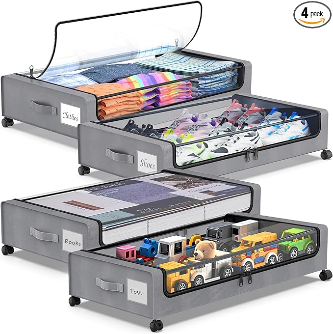 Under Bed Storage with Wheels, 4-Pack Underbed Storage Containers with Clear Lids, Under Bed Shoe Storage Organizer, Rolling Under Bed Storage for Clothes Shoes Blankets (Grey)