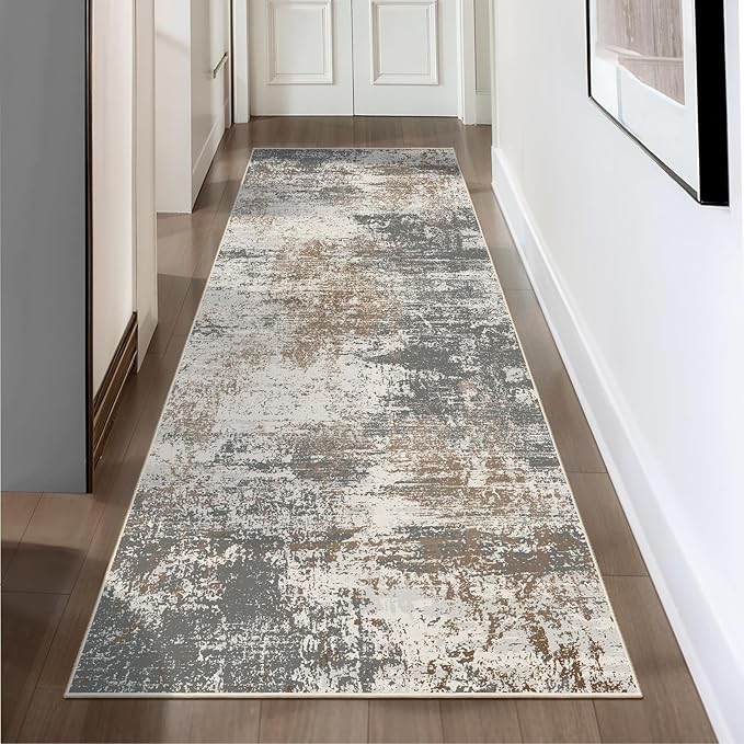 Ciicool 2'6 "x8' Washable Runner Rug, Modern Abstract Hallway Rugs Runner, Non-Slip Thin Accent Rug Lightweight Brown Gray Distressed Carpet Runners for Laundry Entryway Bedroom Kitchen Indoor