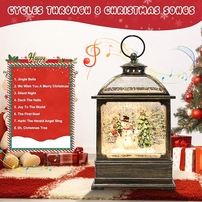 Christmas Snow Globe Lantern with Snowman 8 Music Songs & 6H Timer Water Snow Globe Lantern USB & Battery Operated for Christmas Festival Decorations Gifts (Snowman)