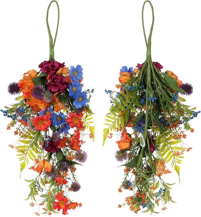 Wnvivi 2 Packs Artificial Flower Teardrop Swags, 25 Inch Decorative Swag with Colorful Daisy and Forsythia Flower and Green Leaves Floral Teardrop Swags for Front Door Wedding Wall Decor