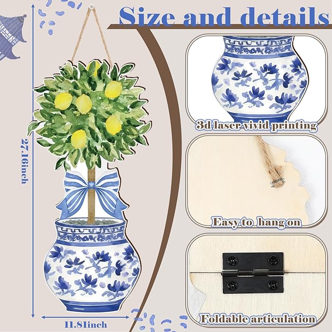RattanView Large Size Chinoiserie Lemon Tree Door Hanger Rustic Topiary Wooden Sign Front Door Home Wreath Ornament for Farmhouse Indoor Outdoor Yard Porch Welcome Decor