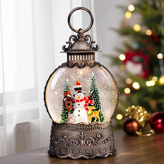 Christmas Snow Globes Lantern with Music, Snowman Snow Globes with Swirling Glitter Effects, USB/Battery Powered with 6-Hour Timer, Christmas Decorations