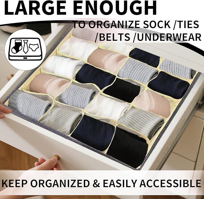 2 Pack Sock Organizer Drawer Divider, 20-Grid Foldable Storage Box with Handles for Underwear, Bras, Clothes, Baby Clothes, Ideal for Drawer, Wardrobe, Closet Organizers and Storage (Grey)