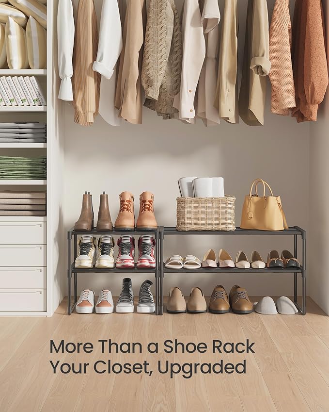 SONGMICS Shoe Rack, 2-Tier Shoe Organizer, Metal Storage Shelf, Upright or Upside Down, for 3-6 Pairs, Stackable, for Entryway, 11.8 x 16.7 x 14.8 Inches, Black ULSA002B01