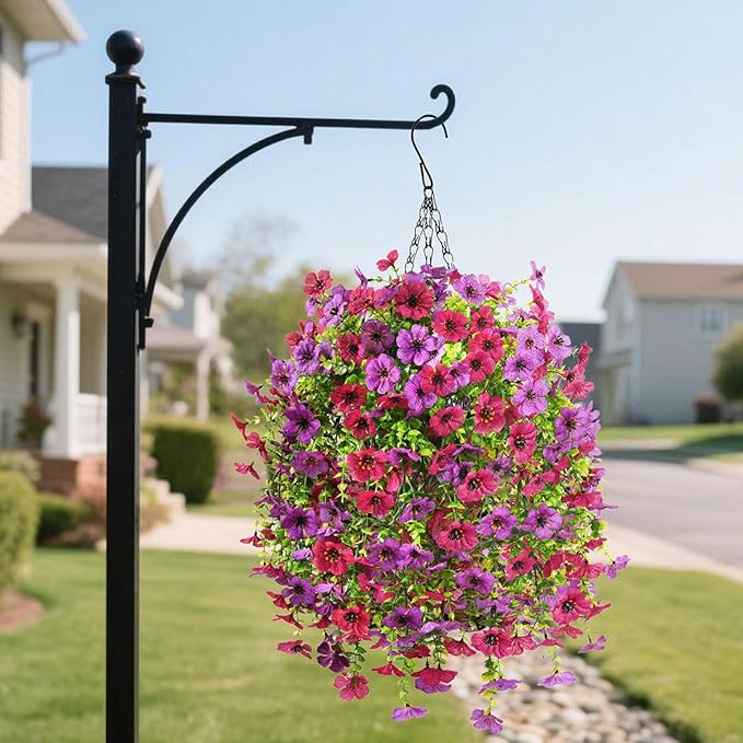 INQCMY Artificial Hanging Flowers with Basket for Spring Outdoor Decoration 3 Bunches of Silk Daisy Flower Uv Resistant for Garden Porch Patio Balcony Yard Decor (Purple Red)