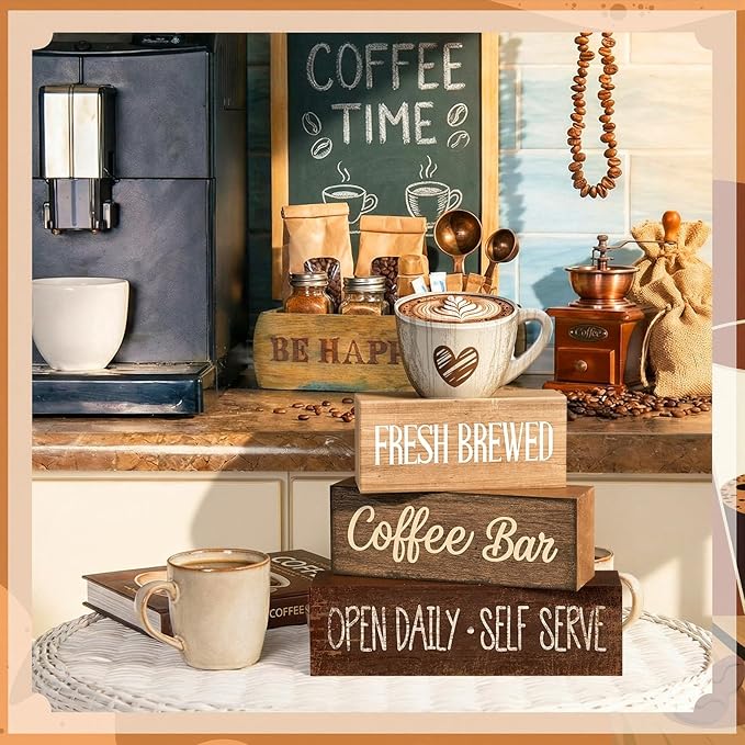 Moucuny 4 Pcs Farmhouse Coffee Bar Signs Decor Wooden Cup Rise & Shine It's Coffee Time Rustic Wood Cafe Sign Gift for Home Kitchen Tabletop Decor