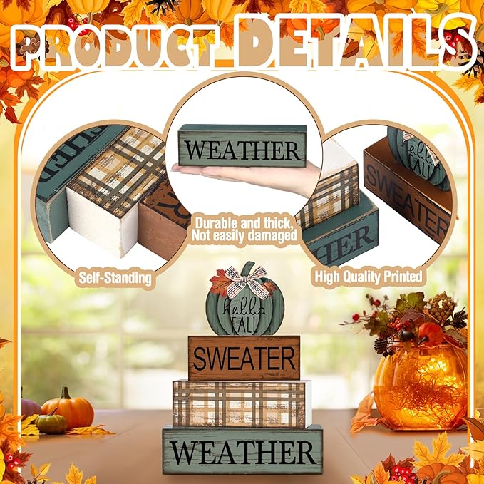 Moucuny 4 Pcs Thanksgiving Pumpkin Decor Fall Decorations for Home Thanksgiving Table Centerpiece Pumpkin Tiered Tray Decor Rustic Decorative Block Signs Farmhouse for Harvest Party Table Kitchen Home