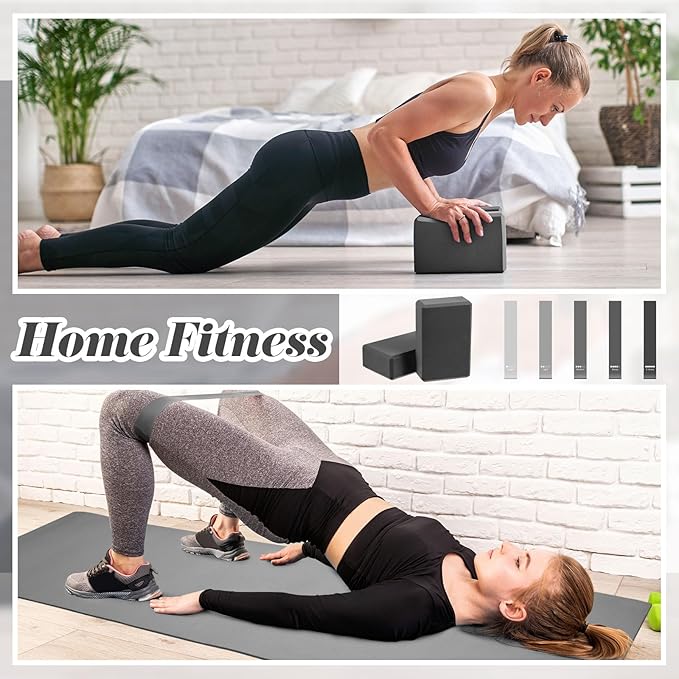 Liliful 10 Pcs Yoga Starter Kit Include 6mm Yoga Mat with Carry Strap, 2 Blocks, 65cm Pilates Ball, Stretch Strap, 5 Resistance Bands with Air Pump Home Workout Set for Beginners Women Men Gym