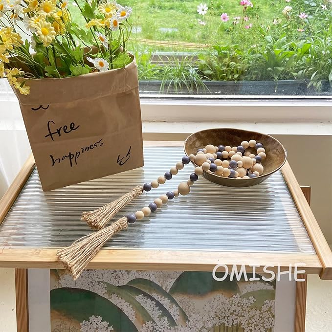 OMISHE Wood Bead Garland with Tassels 61 Inches, Boho Decorative Beads, Farmhouse Beads Garland for Home Tiered Tray Decor, Beige Gray