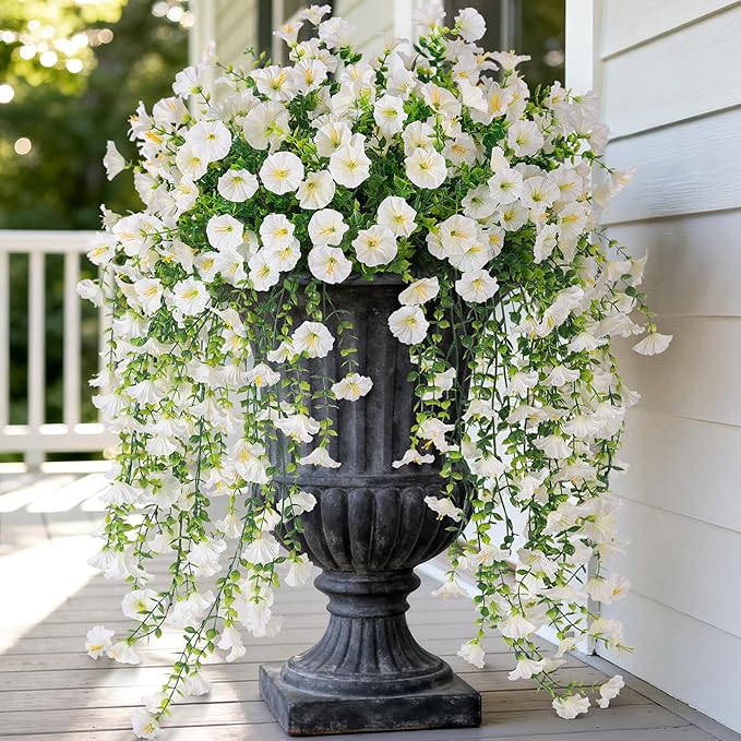 Artificial Hanging Petunias Flowers for Outdoor, 2pcs Fake Plants Long Vine Morning Glory Eucalyptus, UV Resistant Realistic Faux Greenery Indoor Outside Patio Porch Garden Spring Summer Decor, White