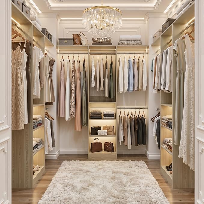 Cyclysio 4FT Small Closet System, 80"H Closet Organizer System with 4 Closets Rods & 3 Shelves, 48" Closets Organizers and Storage for Small Bedrooms, Laundry Rooms, Cloakrooms, White Oak