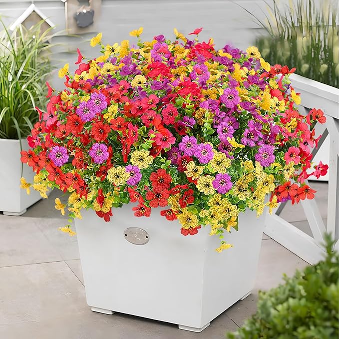 24 Bundles Artificial Flowers,Faux Plants for Spring Summer Decoration, UV Resistant Colorful Violets Eucalyptus for Outside Home Planter Porch Patio Yard Decor