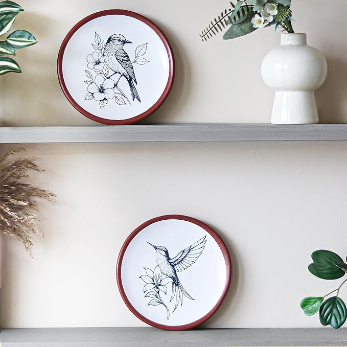 FINE LIVING 8 Inch Hummingbird Wall Art Terracotta Plates Set of 2, Decorative Plates for Hanging, Ceramic Clay Wall Decor for Boho Rustic Farmhouse Living Room, Kitchen & Bedroom