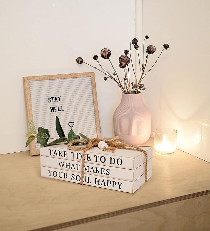 3 Pieces Wooden Decorative White Books, Rustic Farmhouse Faux Books for Coffee Table Shelves with Wood Bead Tassels and Leaves, 7'x 4.6'x 2.5' (Take Time to Do, What Makes, Your Soul Happy)
