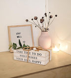 3 Pieces Wooden Decorative White Books, Rustic Farmhouse Faux Books for Coffee Table Shelves with Wood Bead Tassels and Leaves, 7'x 4.6'x 2.5' (Take Time to Do, What Makes, Your Soul Happy)