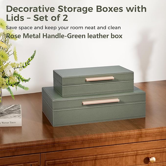 Decorative Box, Decorative Boxes with Lids 2-Set, Memory Box for Keepsakes, Beautiful PU Leather Decorative Storage Boxes in Style, Decor Box with Rose Metal Handle, Store Photos, Documents Green