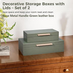 Decorative Box, Decorative Boxes with Lids 2-Set, Memory Box for Keepsakes, Beautiful PU Leather Decorative Storage Boxes in Style, Decor Box with Rose Metal Handle, Store Photos, Documents Green