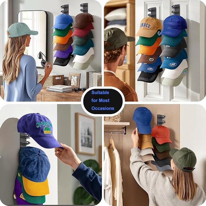 Hat Organizer for Baseball Caps 2 Pack Hat Rack for Wall with Strong Adhesive Hat Hanger Holder Display for Door Closet Hold up to 20 Hats Multilayer Ball Cap Storage Two Mounting Option