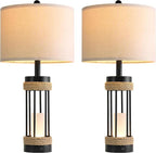 OYEARS 25" Table Lamps Set of 2 with Night Light, Rustic Bedside Lamps with USB C+A Charging Ports, Black Metal Lamp with Rope Accent and Frosted Glass, Farmhouse Lamps for Living Room Bedroom