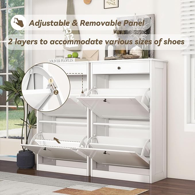 Shoe Cabinet with 2 Flip Drawers Set of 2, Small Wood Modern Shoe Organizer with Adjustable Shelf, Narrow Freestanding Hidden Shoe Cabinet Storage for Entryway, Hallway, Living Room, White