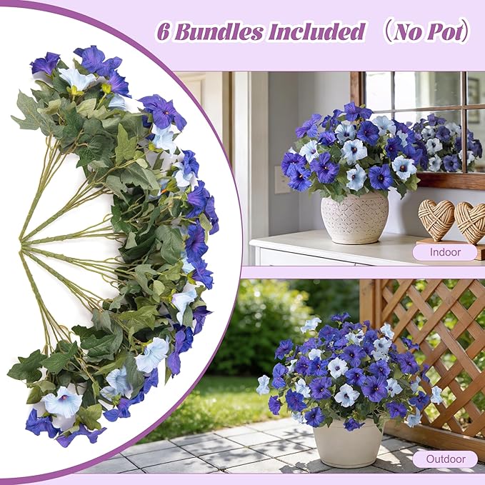 6 Pcs Artificial Flowers Fake Petunias for Outdoors, Faux Flowers for Outdoor Planter, UV Resistant Realistic Fake Plants for Outside No Fade for Garden Porch Patio Indoor Room Decor(Blue)