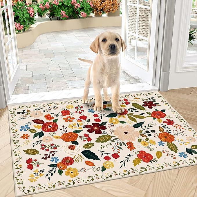 U'Artlines Indoor Door Mat Entrance Rug 2'x3'Soft Non Slip Machine Washable Floral Small Area Rug Carpet for Entryway Kitchen Bathroom Bedroom Beige