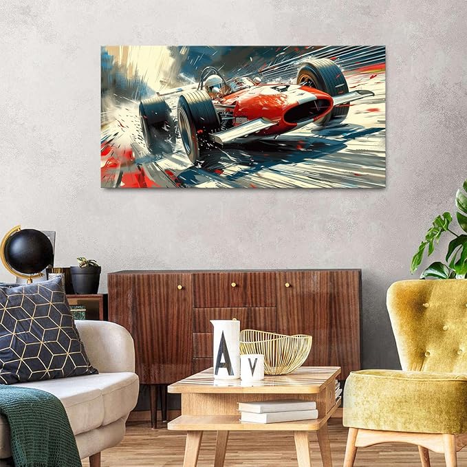 Abstract Race Car Wall Art Vintage Formula Racing Canvas Painting Car Posters Retro Open Wheel Speed Artwork for Boys Bedroom Man Cave Garage Office Living Room Home Decoration Motorsport Decor 24x48"