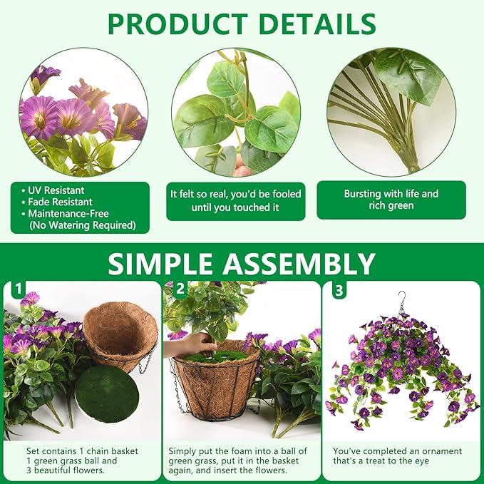 Homsunny 3 Bundles Artificial Hanging Fake Flowers with Basket Plants for Outdoor Spring and Summer Decoration, Faux Silk Flower UV Resistant Morning Glory for Home Porch Patio Garden Balcony Yard