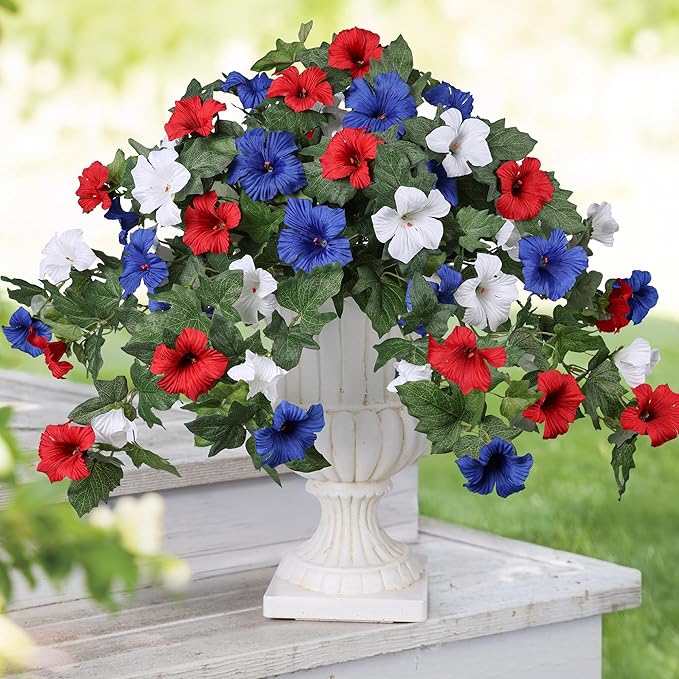 HyeFlora Artificial Flowers for Outdoors 2PCS Spring Faux Morning Glory Look Real Silk Flowers for Outside Planter UV Resistant Fake Flowers for Home Garden Balcony Yard Porch Deco (RedBlueWhite)