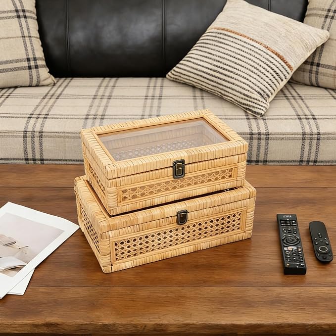 DECOR4SEASON Rattan and Cane Stacking Boxes with Glass Top Lid - Set of 2 for Boho, and Rustic Farmhouse Decor