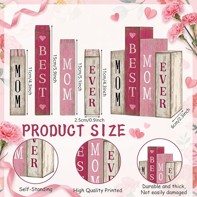 Lineshading 4 Pcs Mothers Day Table Decoration Wooden Book Pink White Tiered Tray Decor Happy Mother's Centerpieces Mom Gifts from Daughter Son for Home Shelf Indoor Party Decoration