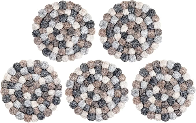 Round Felt Ball Coasters - 100% Merino Wool Table Coasters - Felt Coaster Pads, Absorbent Trivet for Drinks - Heat Resistant, Thick & Durable Hand Felted - Woolygon - Multicolor Set of 5 (Pebbles)
