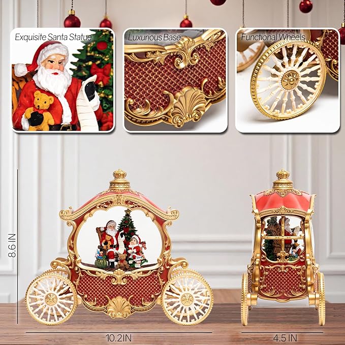 Christmas Red Carriage Snow Globe Lantern with Gift Box - Santa Scene Water Lantern with Glitter Snow - Musical Holiday Decor with LED Lights - Battery Or USB Cable Powered Operated (Red with gold)